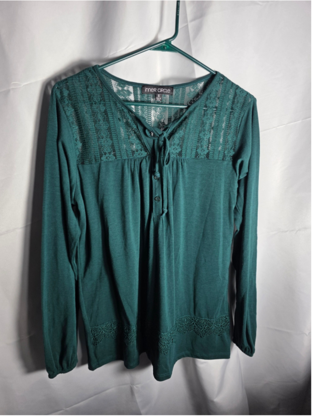 Women's Inner Circle Green Long Sleeve Lace Trim Blouse Size S fall officewear